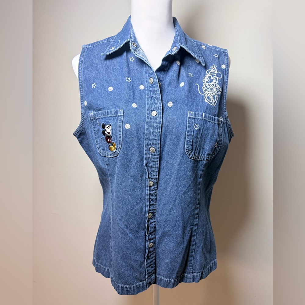 Vintage Disney Store Mickey Mouse Denim Sleeveless Button Down Shirt Y2K